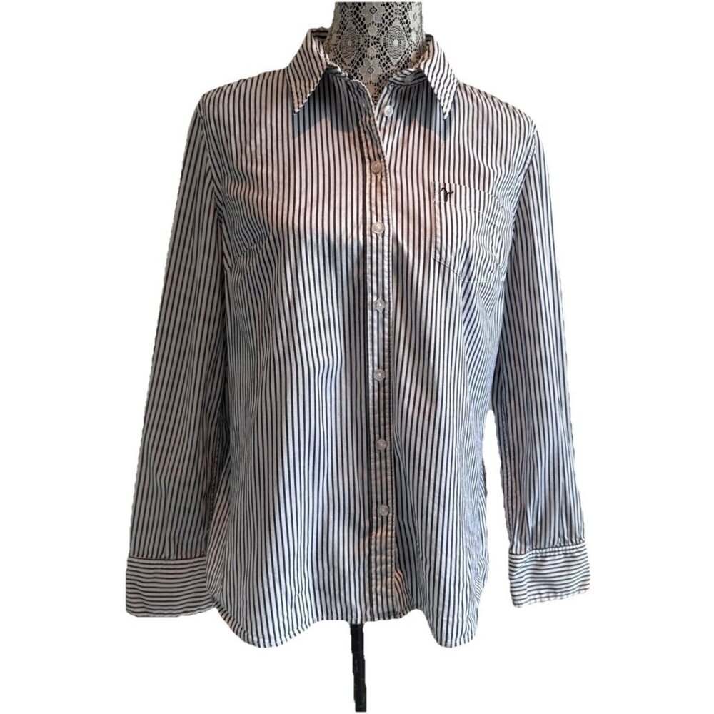 Jacob, dress shirt women's, XL, Black &white pin Striped button up, darts